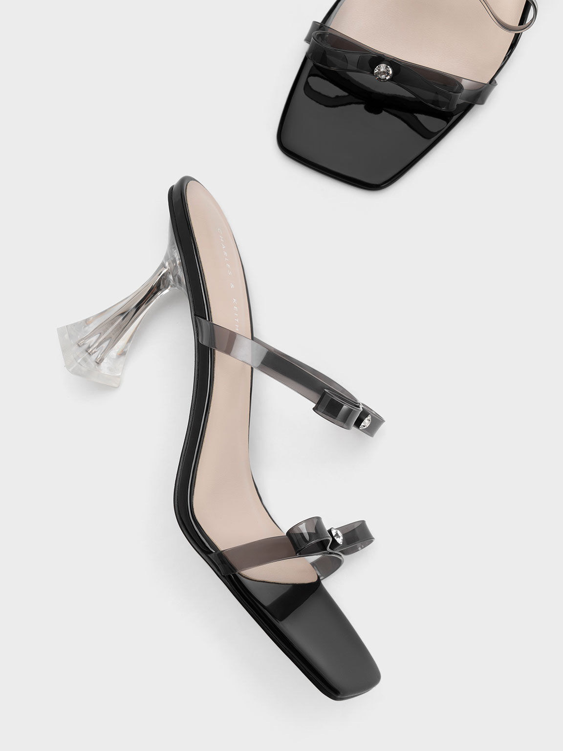 Embellished Bow See-Through Sandals, Black, hi-res