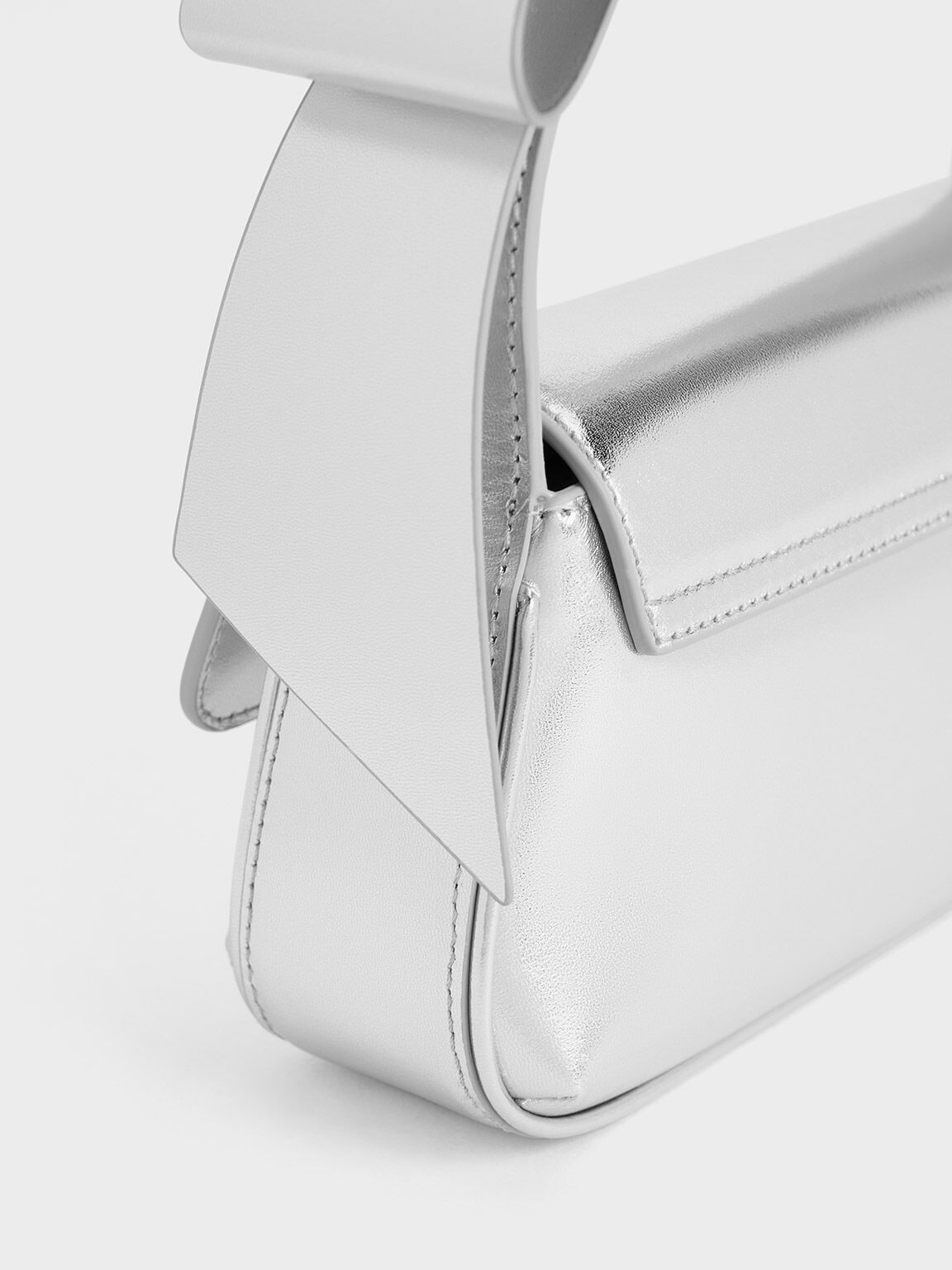 Leather Metallic Bow Top-Handle Bag, Silver, hi-res