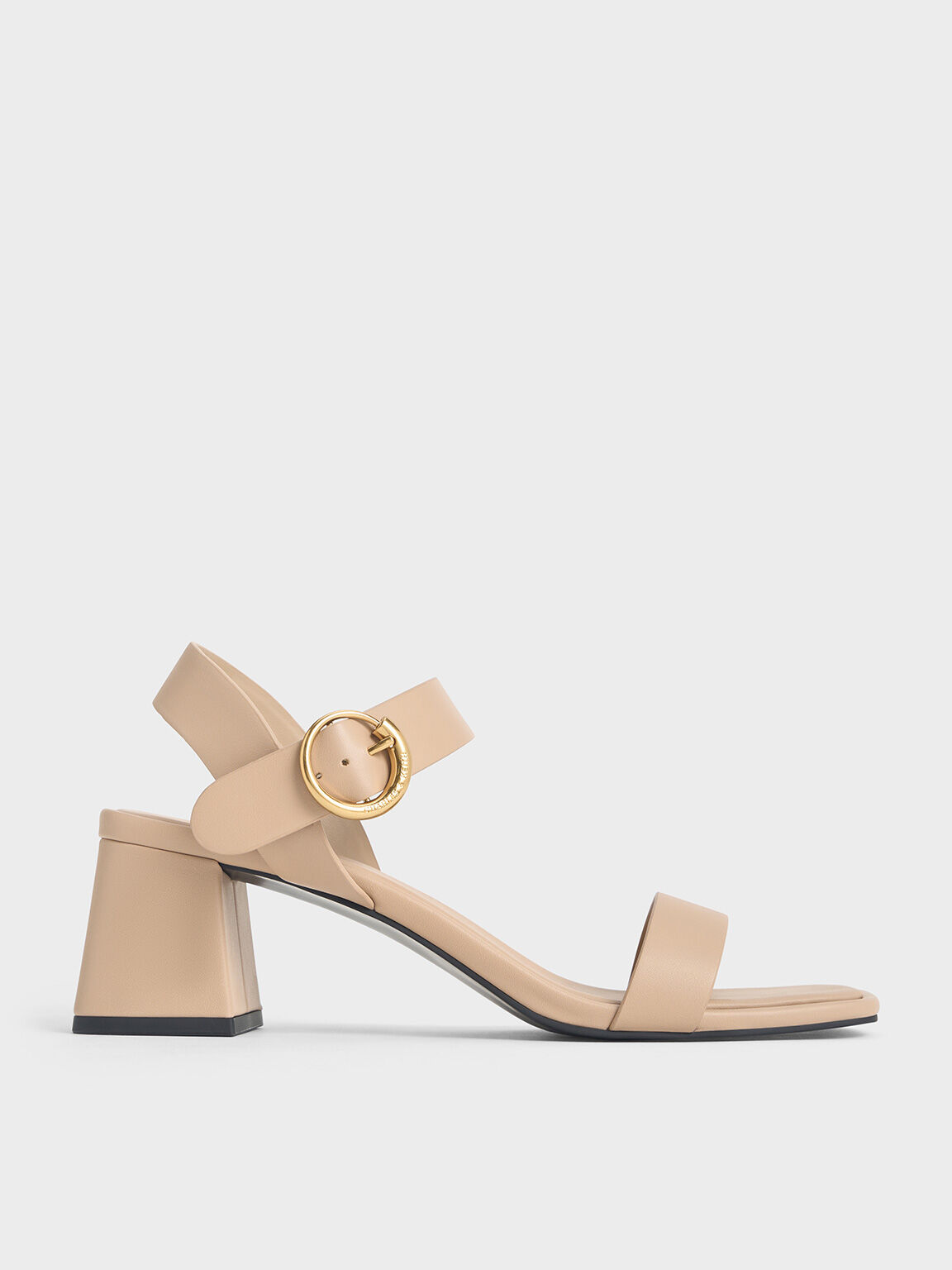 Buckled Square-Toe Trapeze-Heel Sandals, Nude, hi-res