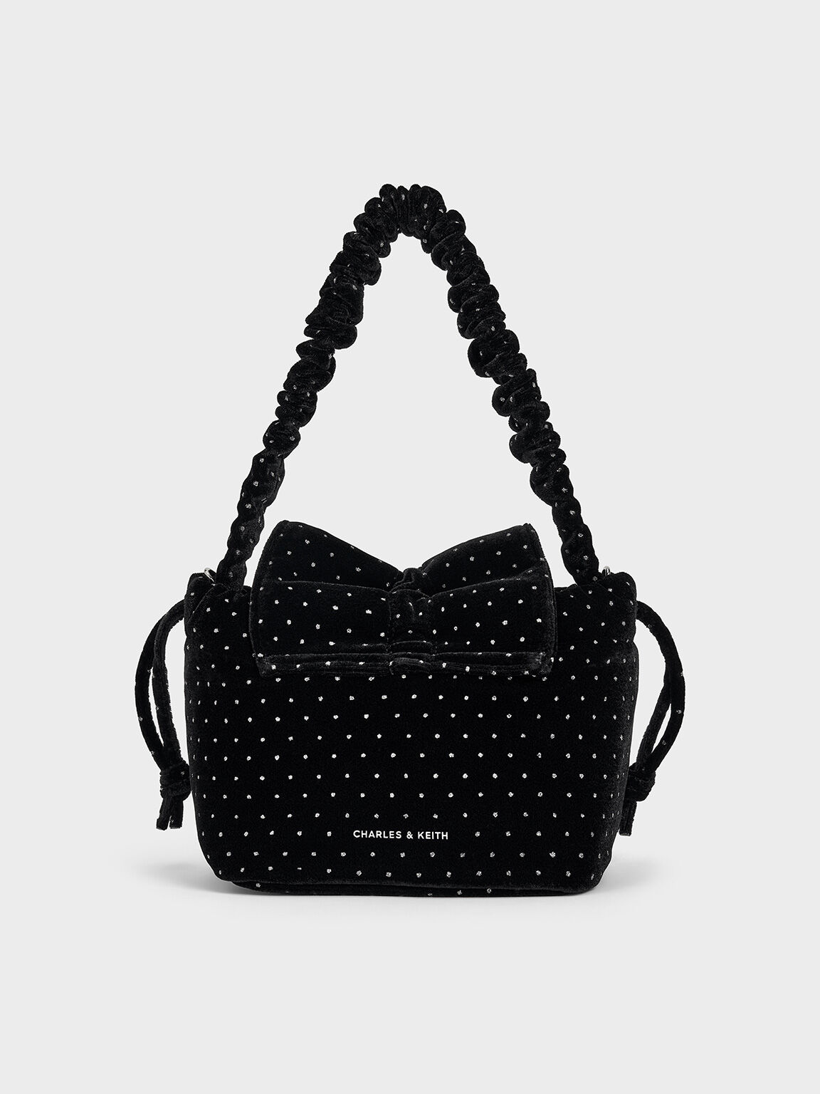 Velvet Dotted Bow Ruched Top Handle Bag, Black Textured, hi-res