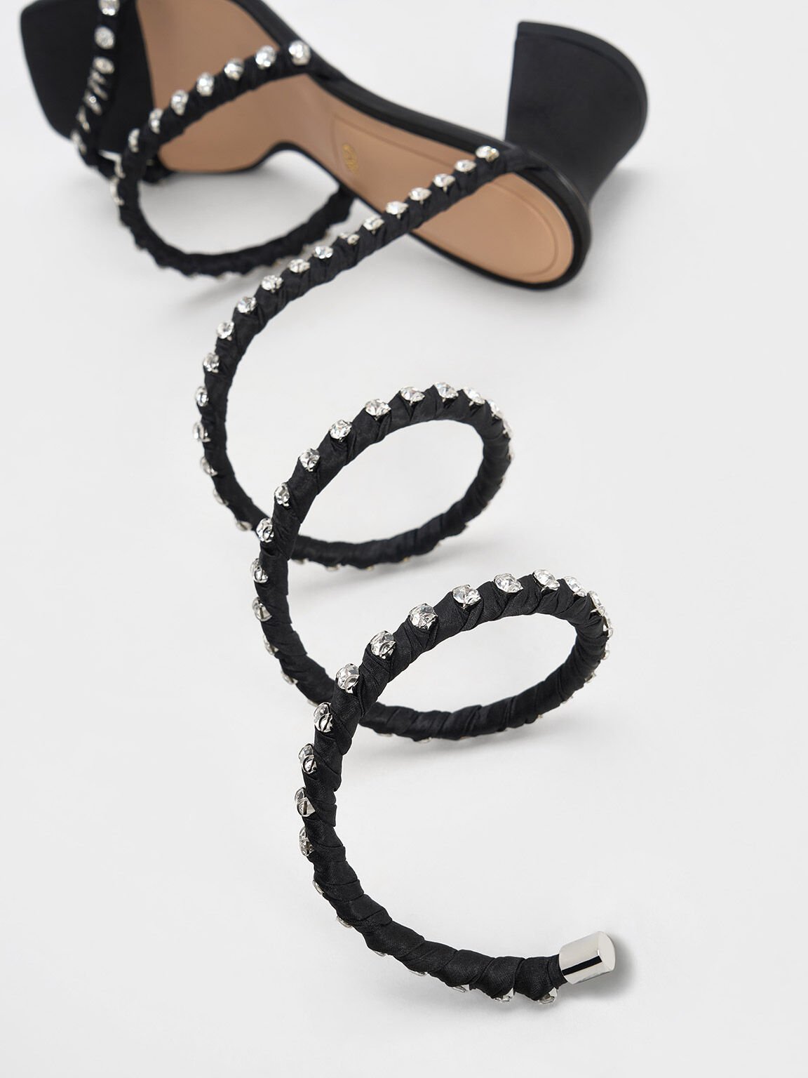 Goldie Recycled Polyester Gem-Encrusted Spiral Sandals, Black Textured, hi-res