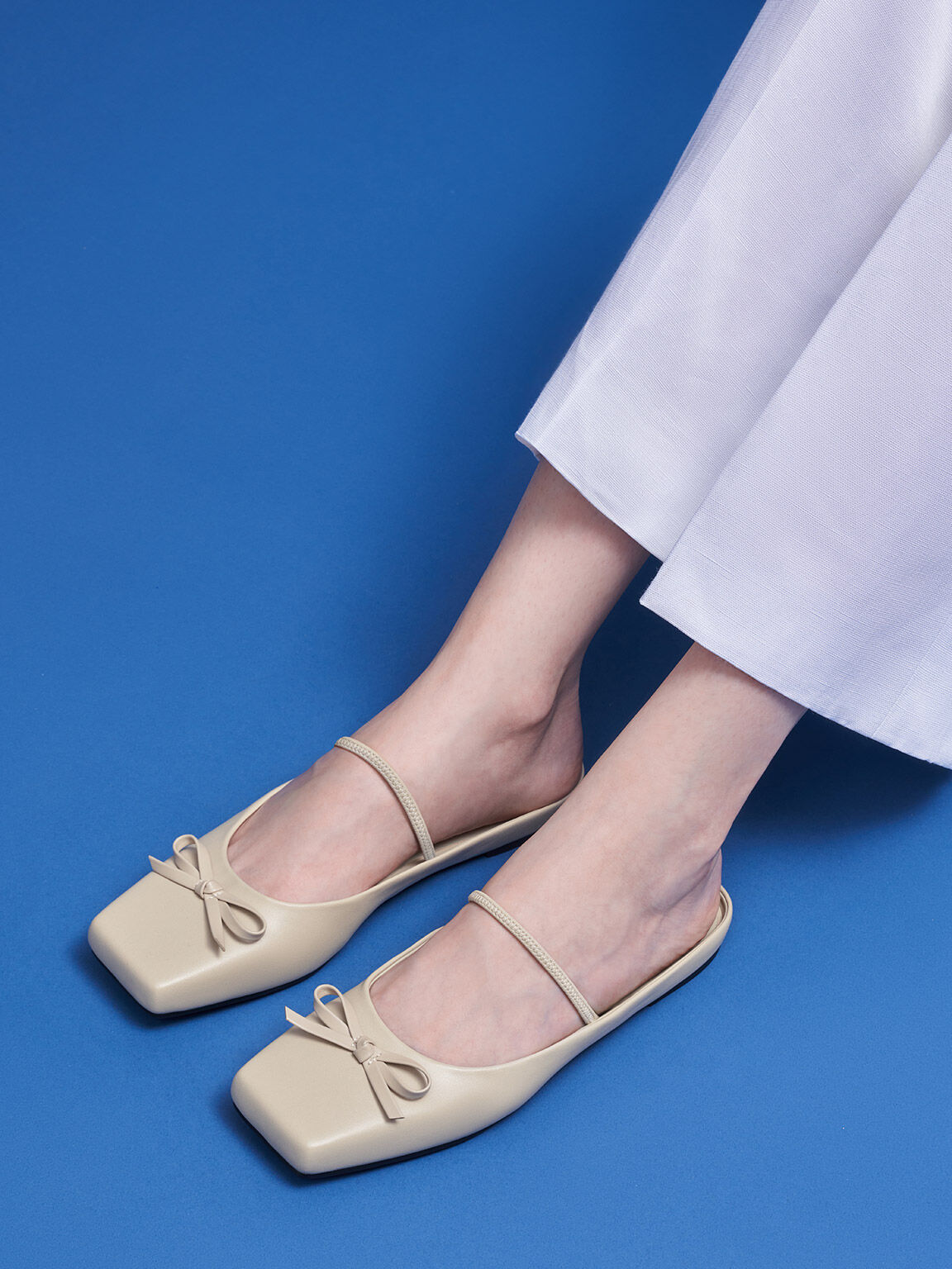 Bow Square-Toe Ballet Mules, Beige, hi-res