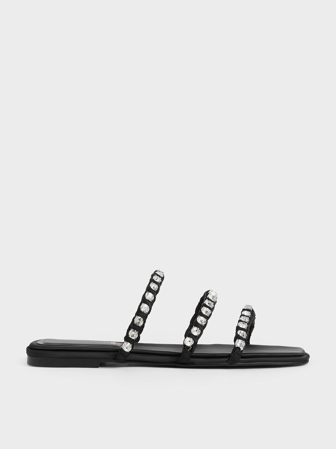 Goldie Recycled Polyester Gem-Encrusted Slide Sandals, Black Textured, hi-res