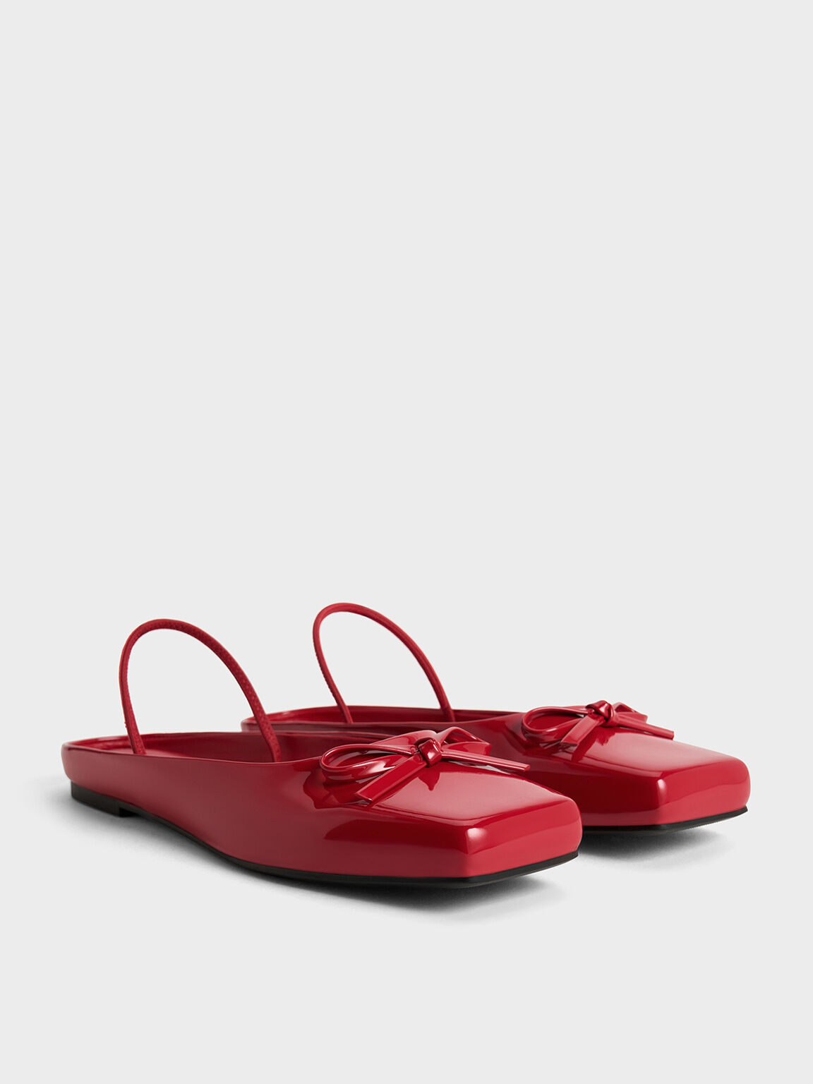 รองเท้าเปิดส้นบัลเล่ต์ดีไซน์หัวรองเท้าแบบเหลี่ยมตกแต่งโบว์, สีแดง, hi-res