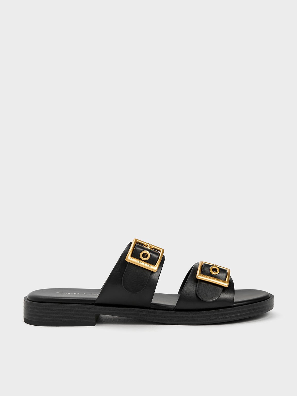 Buckled Double Strap Slide Sandals, สีดำ, hi-res