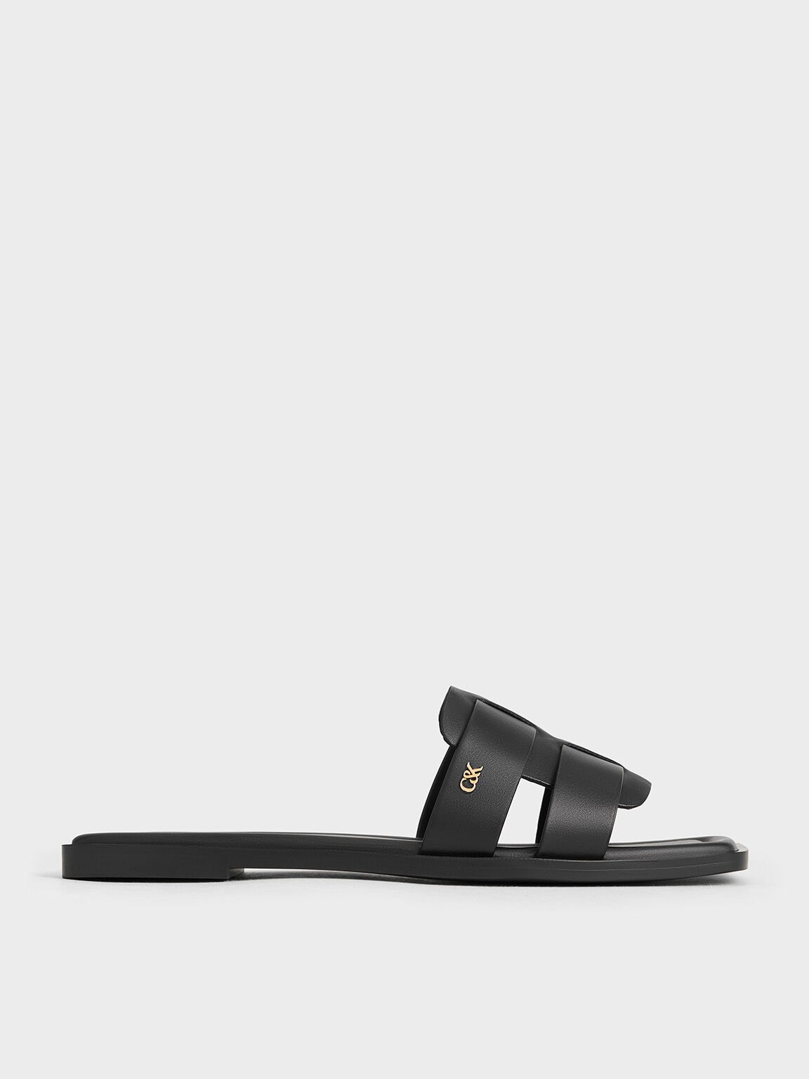 Trichelle Interwoven Leather Slide Sandals, Black, hi-res