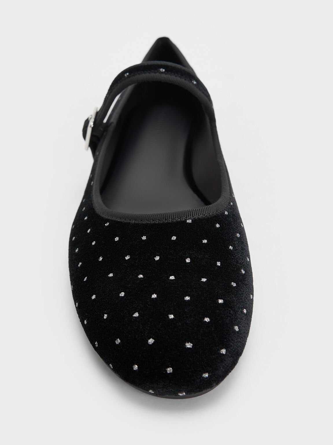 Velvet Dotted Buckled Mary Jane Flats, Black Textured, hi-res