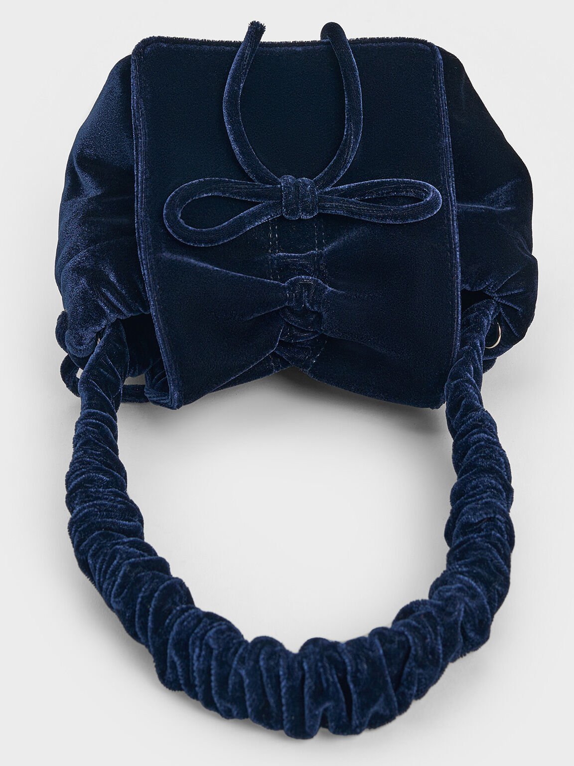 Velvet Bow Ruched Top Handle Bag, Dark Blue, hi-res