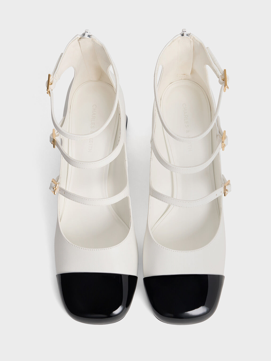 Patent Triple-Strap Cap-Toe Mary Jane Pumps, White, hi-res