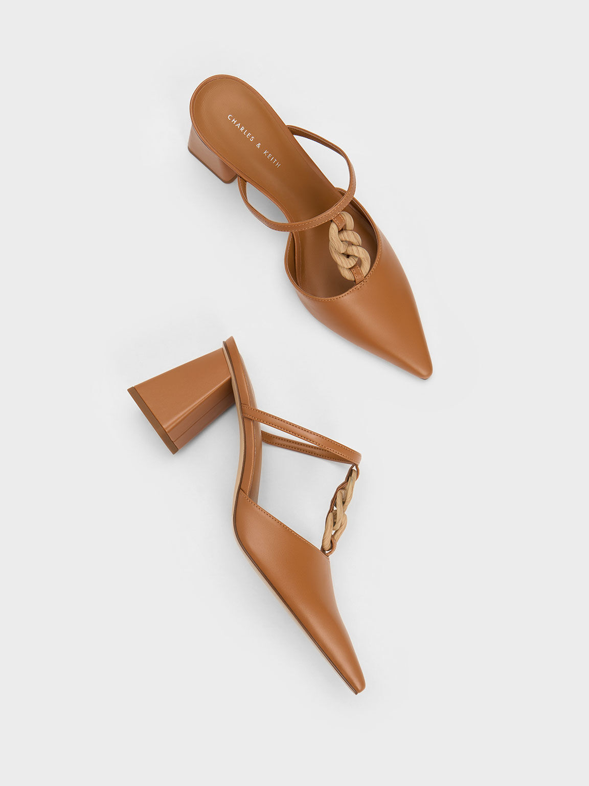 Camel Chunky Chain-Link Heeled Mules - CHARLES & KEITH TH