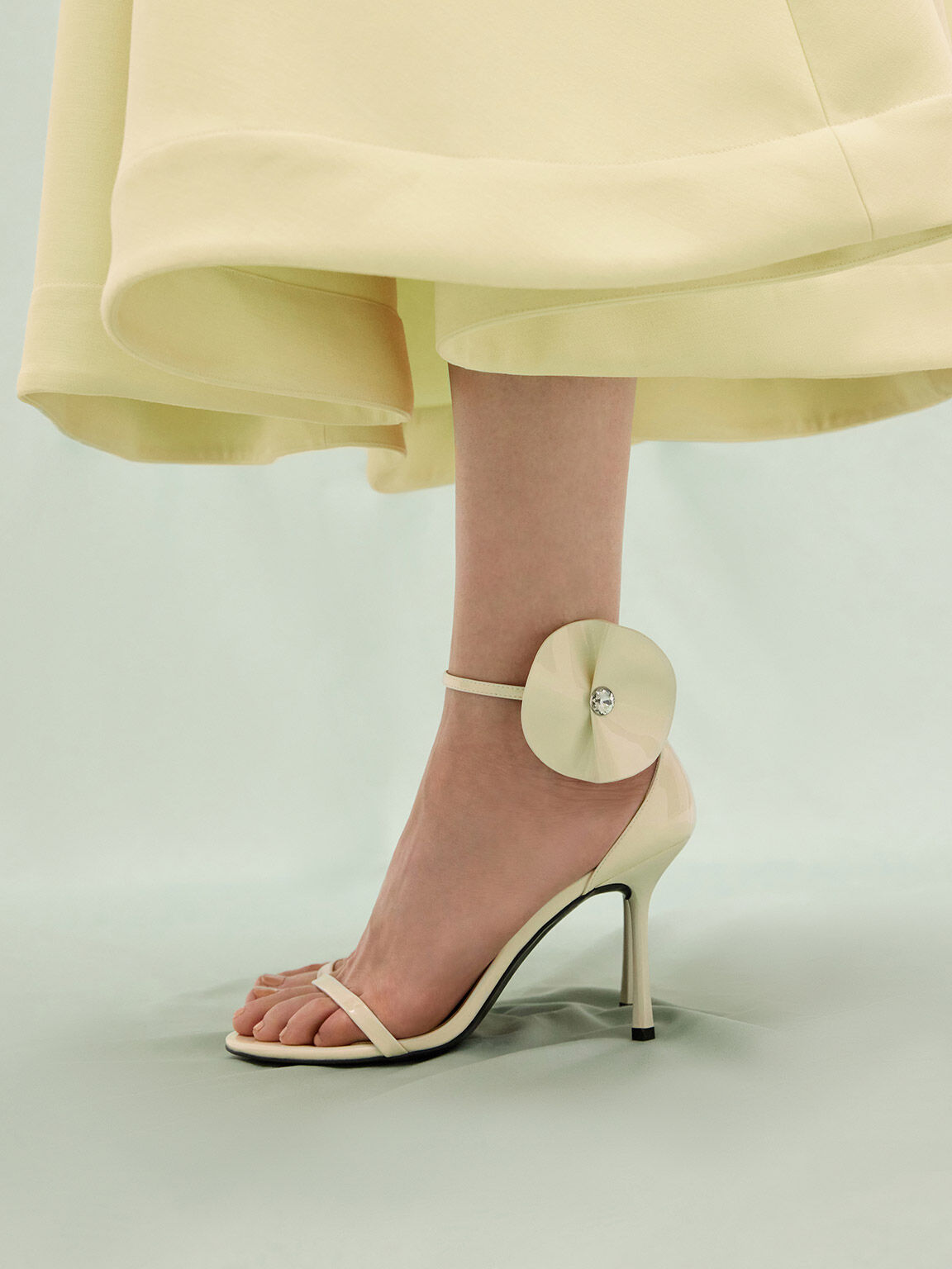 Patent Flower-Accent Stiletto-Heel Sandals, Chalk, hi-res