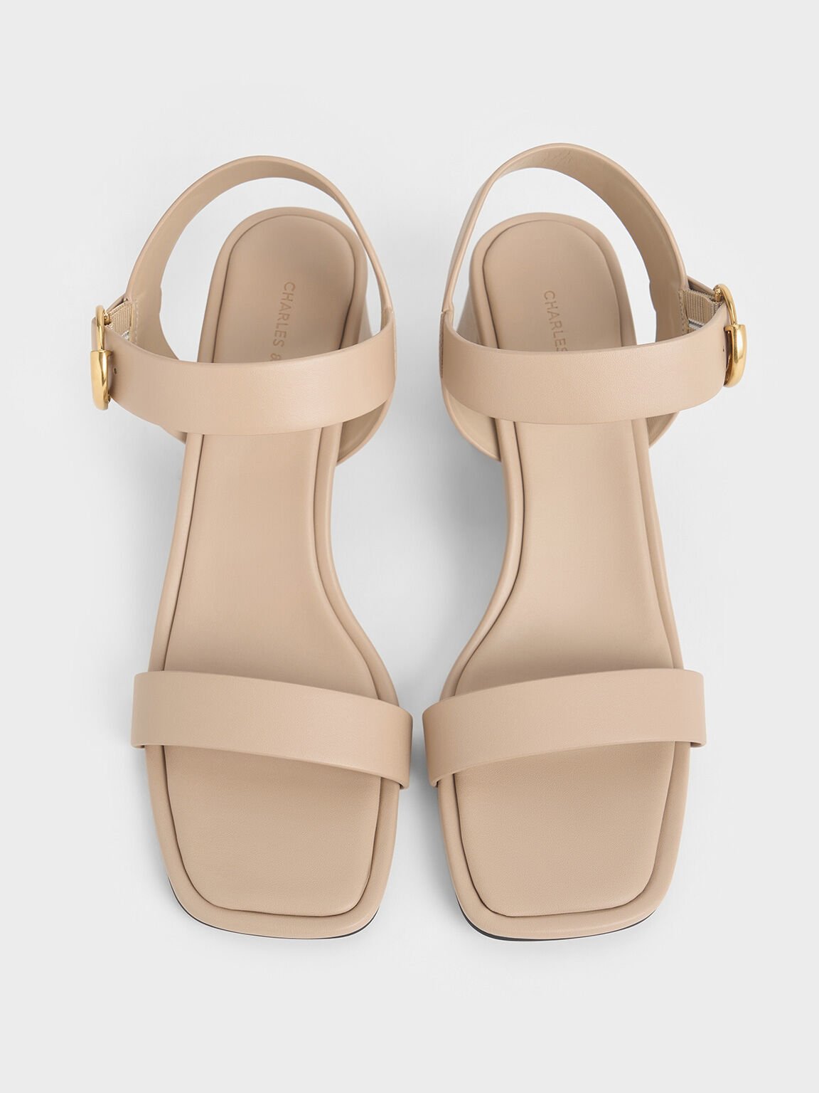 Buckled Square-Toe Trapeze-Heel Sandals, Nude, hi-res