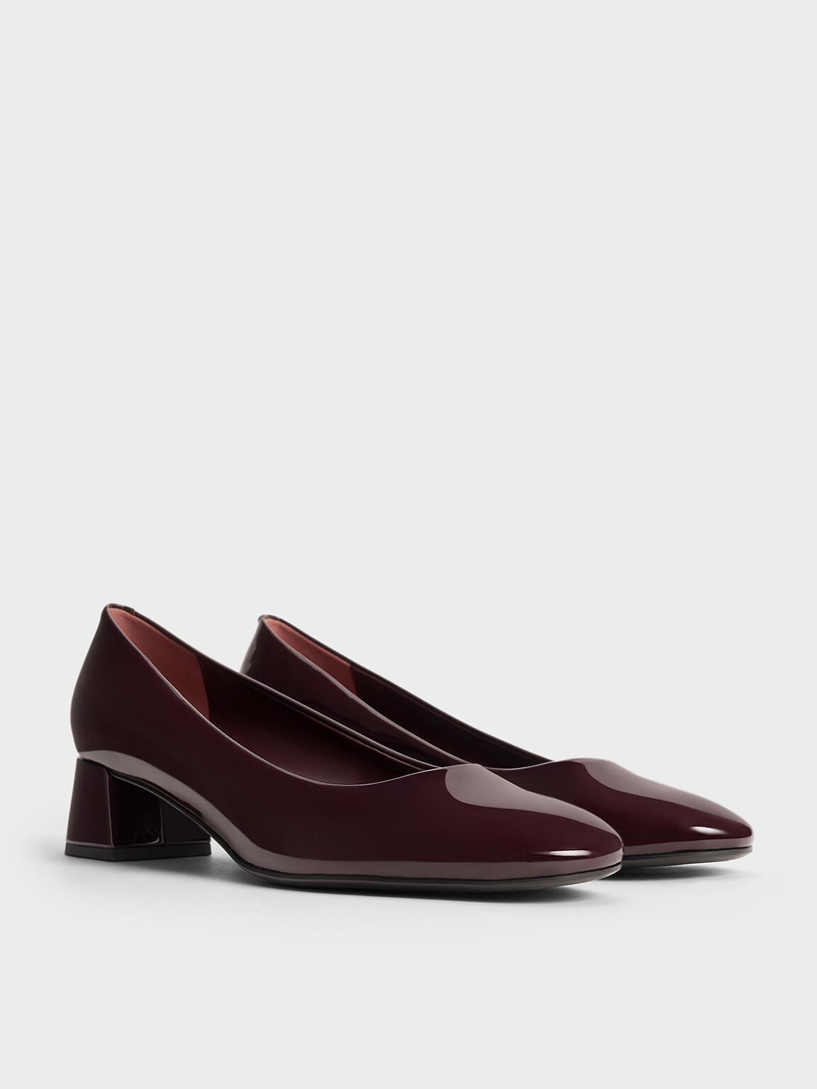 Patent Round-Toe Block-Heel Pumps, Maroon, hi-res