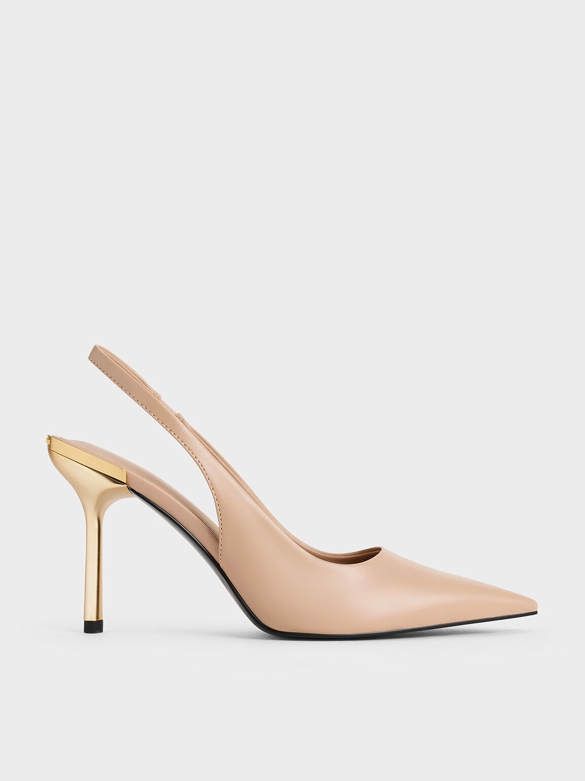 Metallic-Heel Pointed-Toe Slingback Pumps, Nude, hi-res