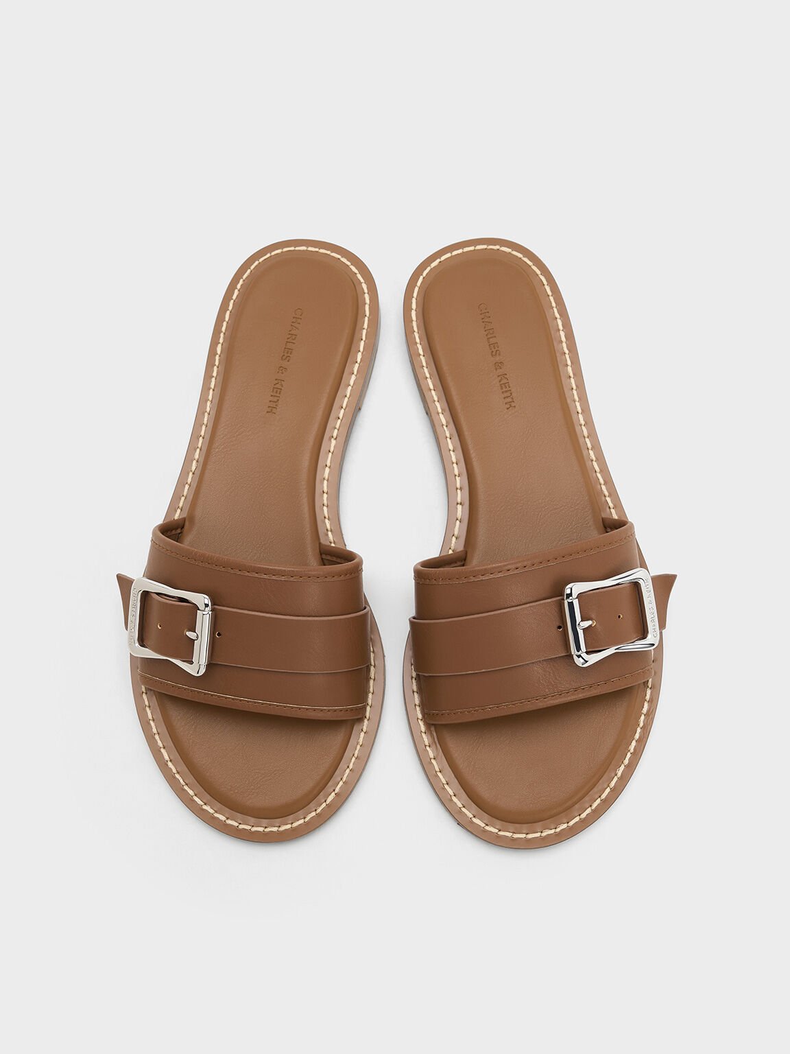 Buckled Slide Sandals, Caramel, hi-res