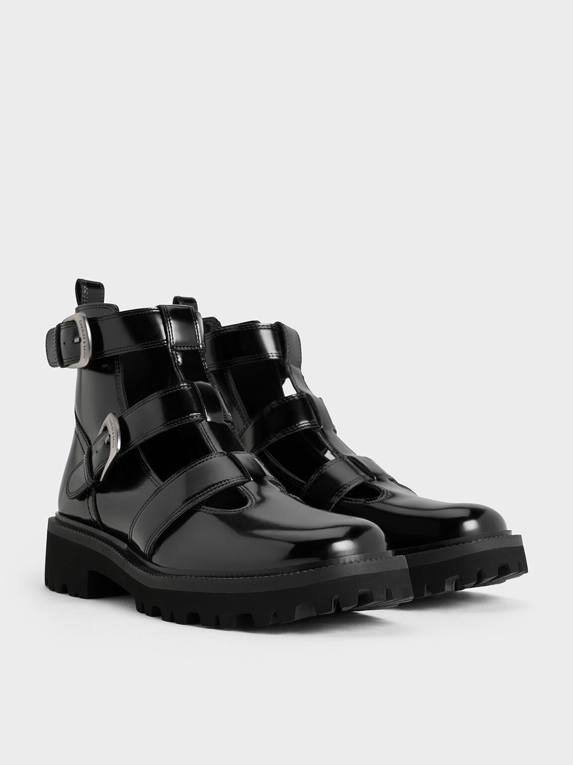 Buckled Caged Ankle Boots, Black Boxed, hi-res