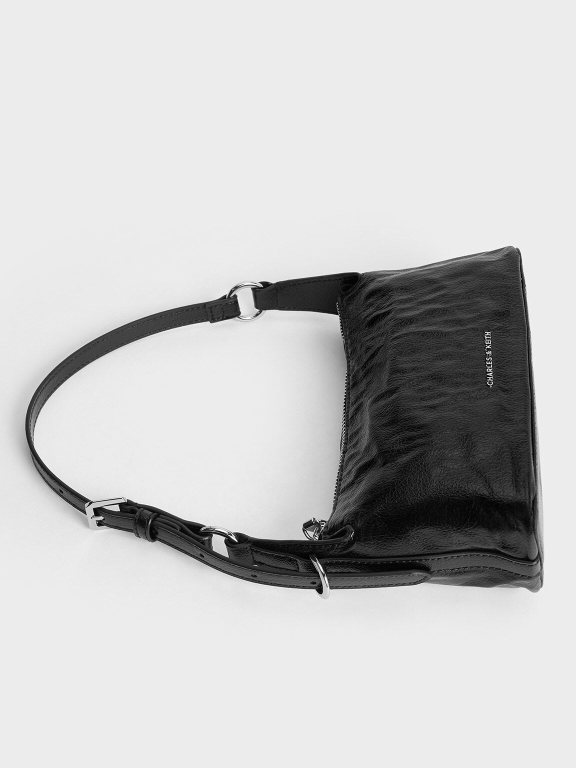 กระเป๋าสะพายไหล่ลายย่นรุ่น Lark, สีดำอะไหล่สีเงิน, hi-res