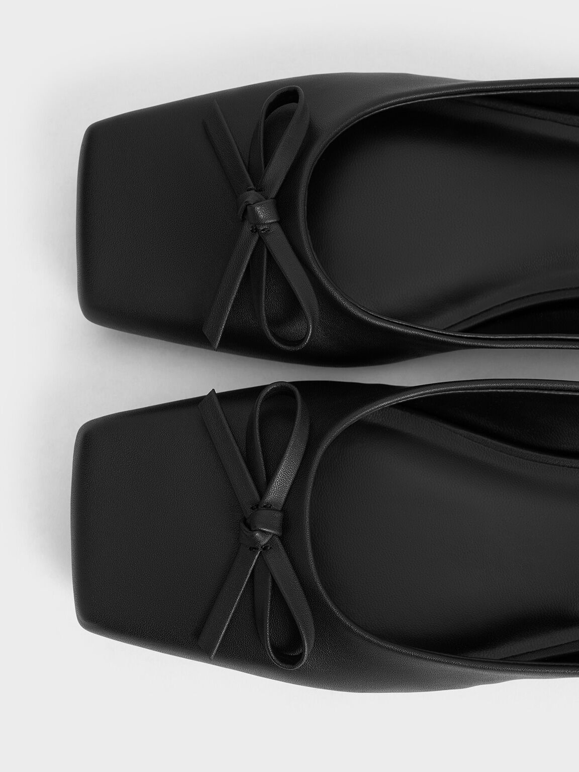 รองเท้าเปิดส้นบัลเล่ต์ดีไซน์หัวรองเท้าแบบเหลี่ยมตกแต่งโบว์, สีดำ, hi-res