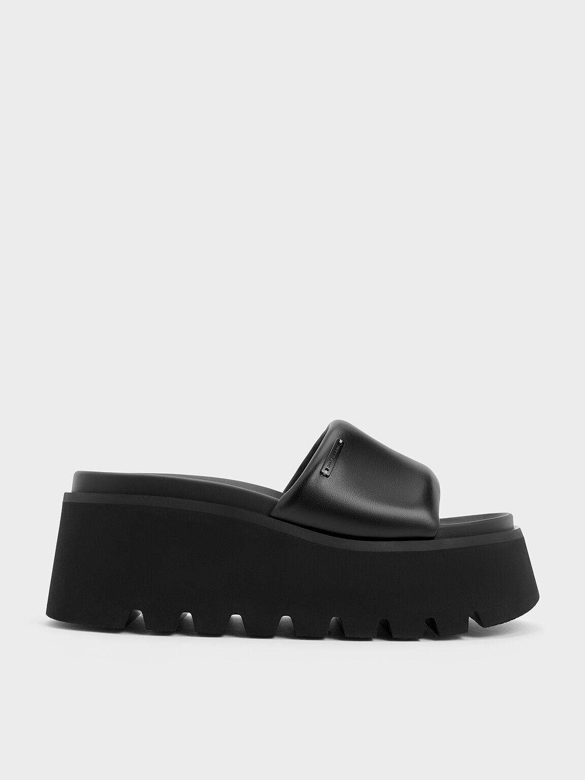 Puffy-Strap Flatform Sandals, Black, hi-res