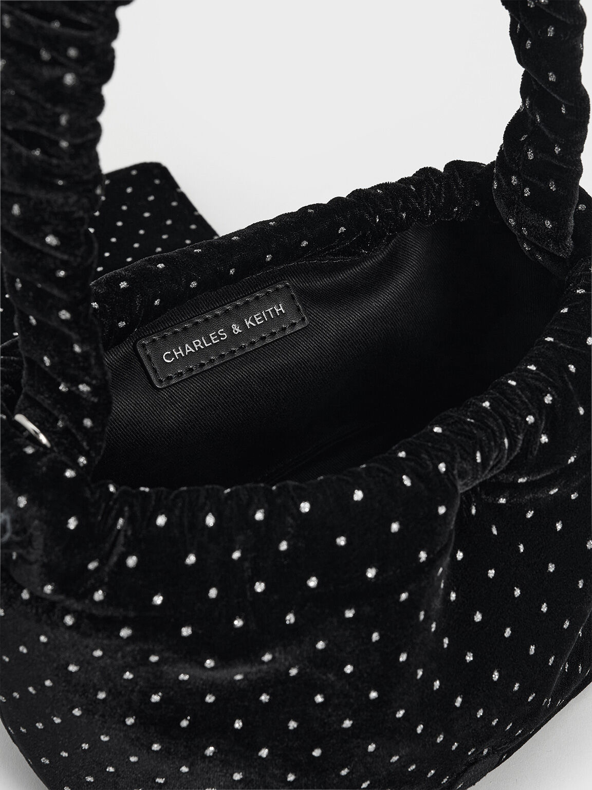 Velvet Dotted Bow Ruched Top Handle Bag, Black Textured, hi-res