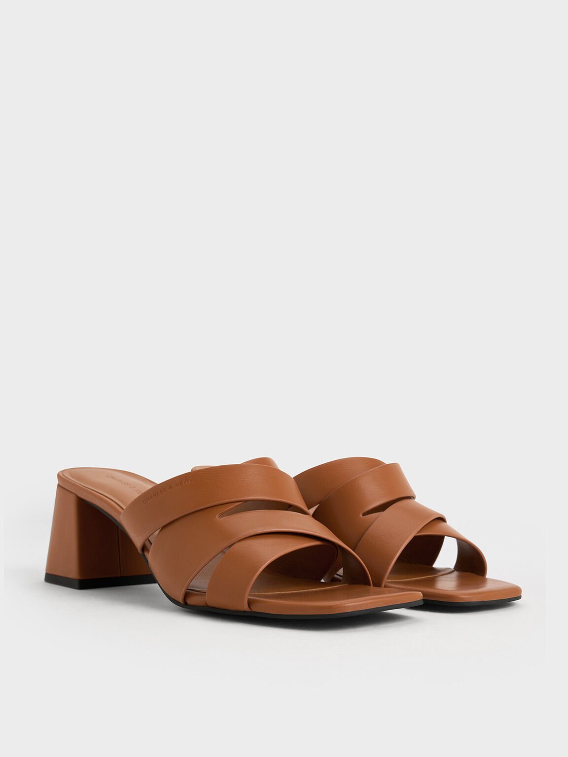 Crossover-Strap Square-Toe Block-Heel Mules, Cognac, hi-res