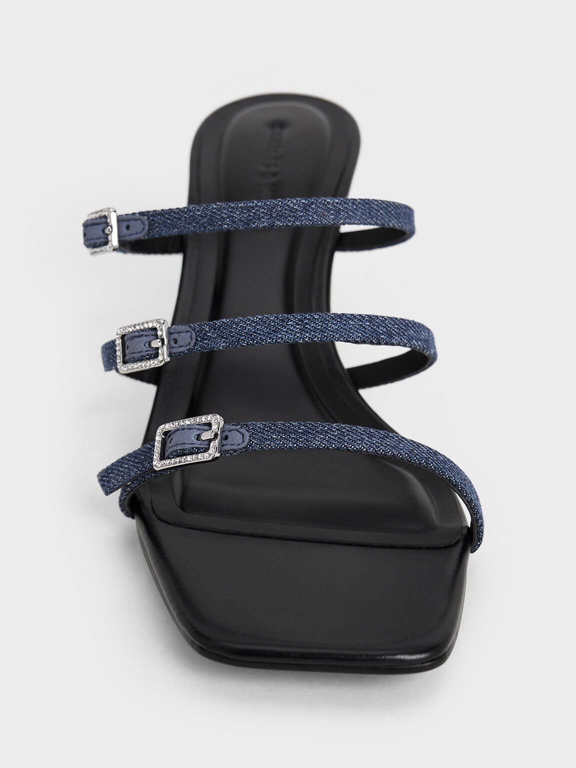 Denim Crystal-Buckle Heeled Mules, Denim Blue, hi-res