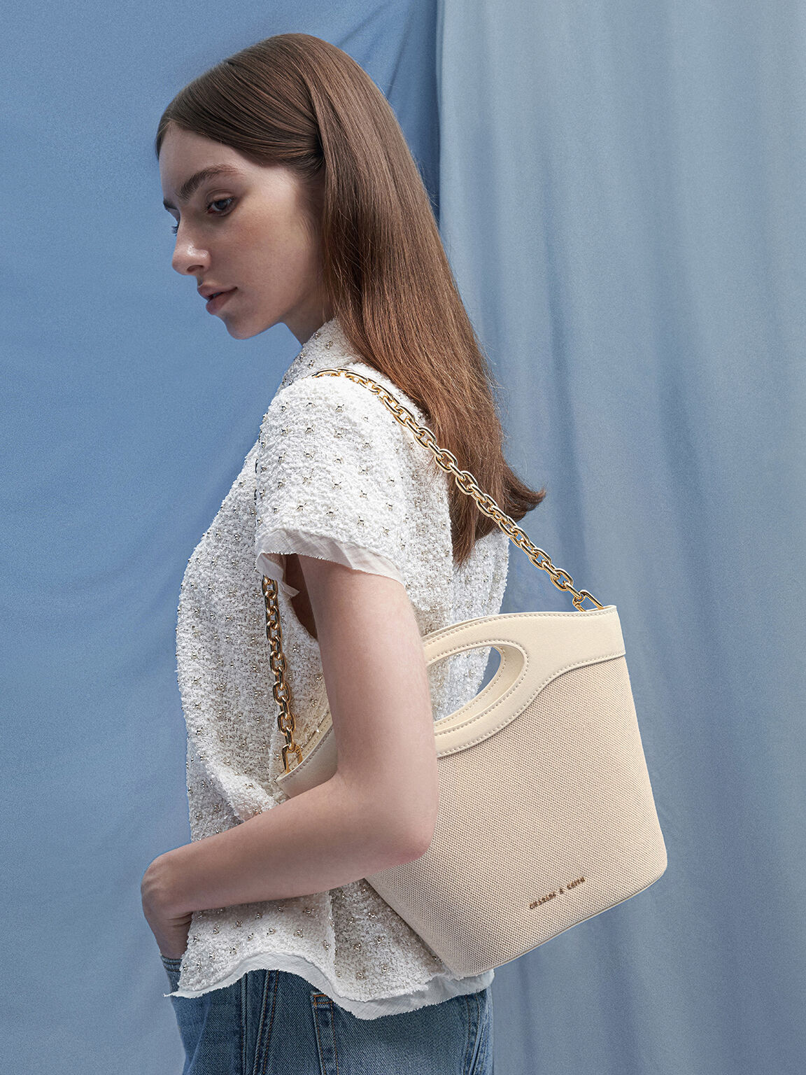 Canvas Chain-Link Curved-Handle Bucket Bag, Cream, hi-res