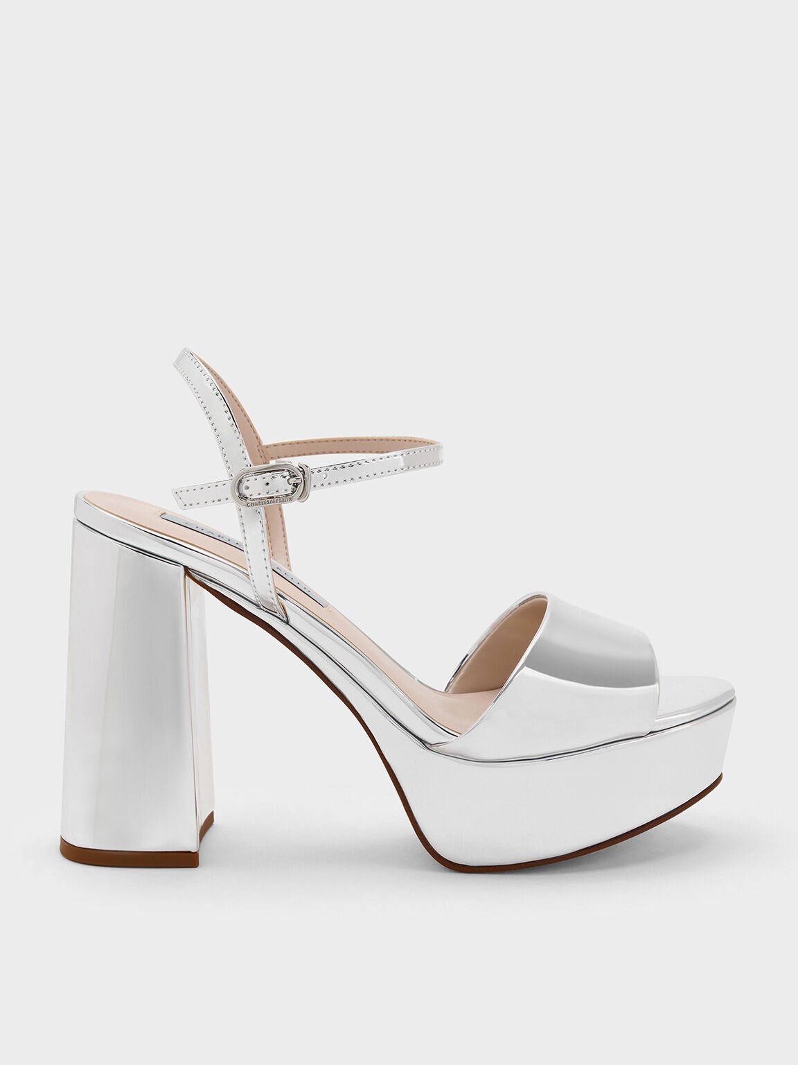Peep-Toe Metallic Platform Sandals, สีเงิน, hi-res