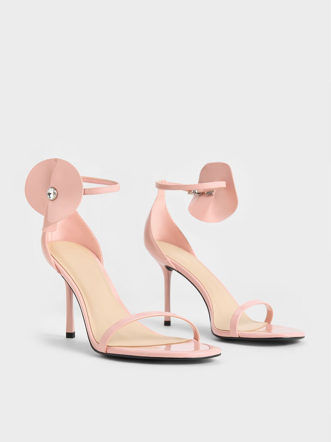 Patent Flower-Accent Stiletto-Heel Sandals, Pink, hi-res