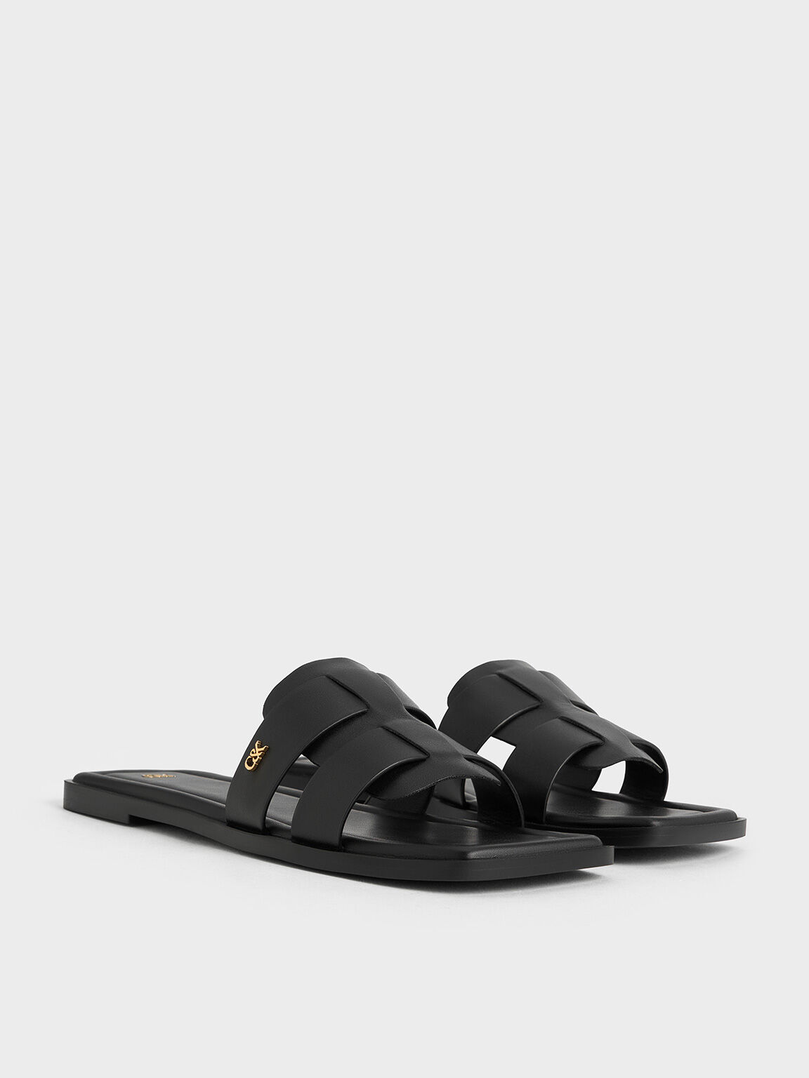 Trichelle Interwoven Leather Slide Sandals, Black, hi-res