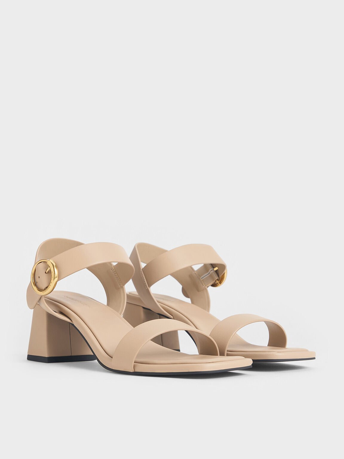 Buckled Square-Toe Trapeze-Heel Sandals, Nude, hi-res