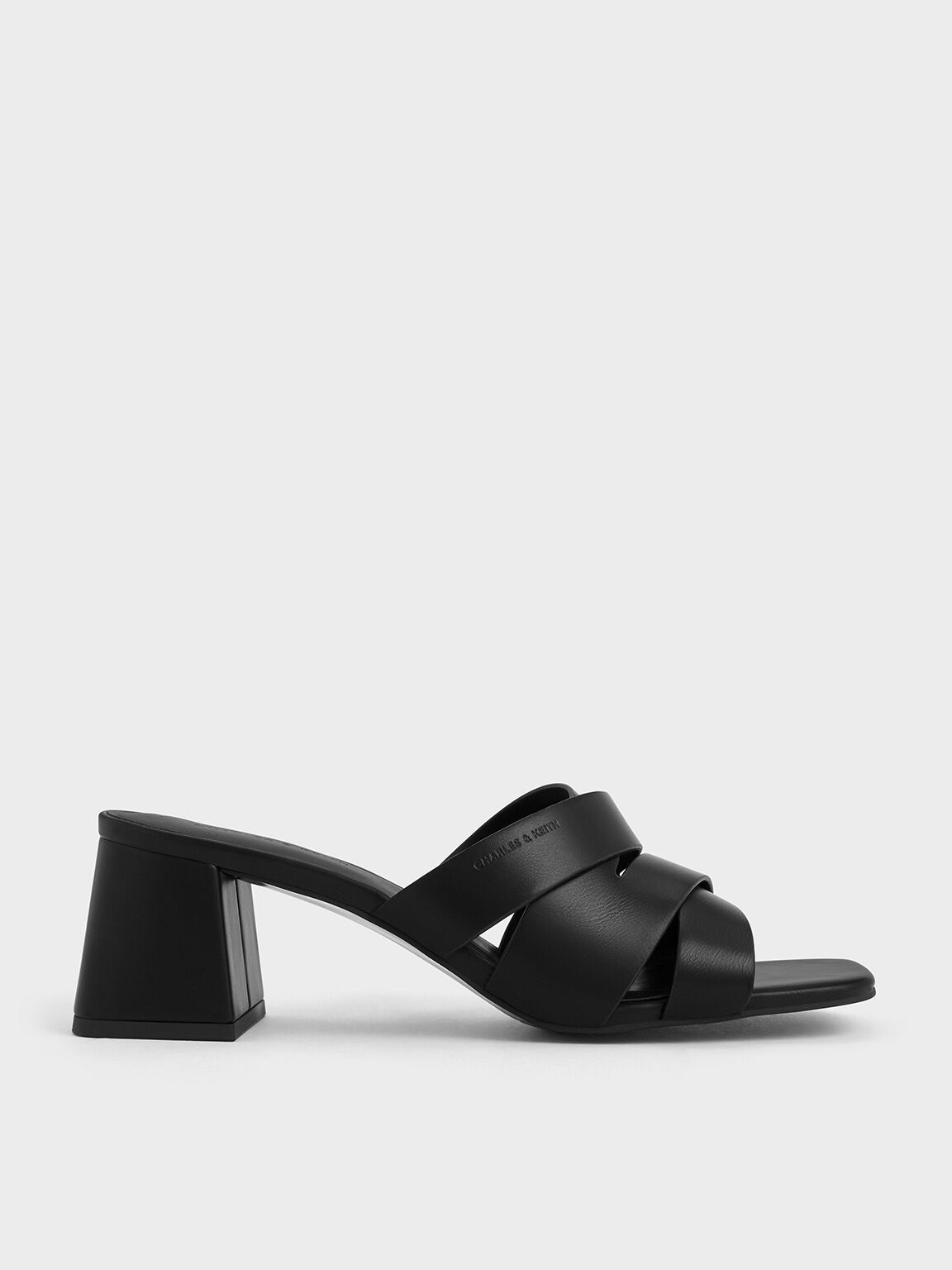 Crossover-Strap Square-Toe Block-Heel Mules, Black, hi-res