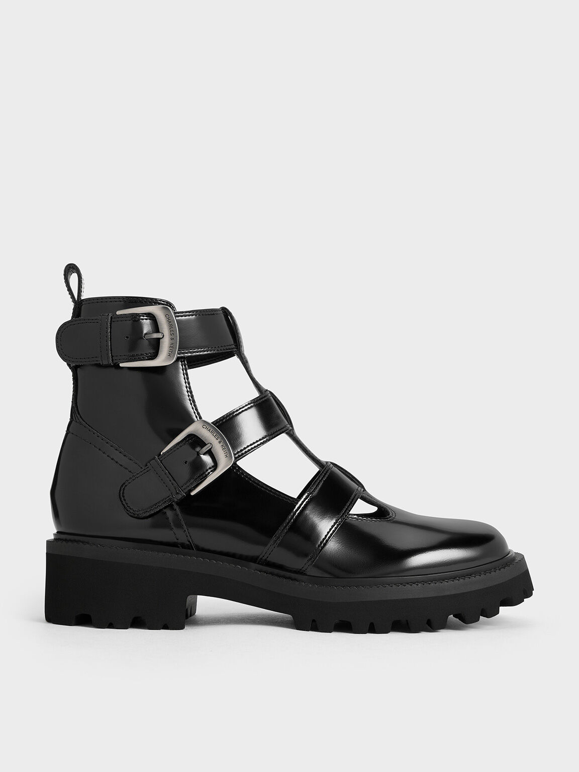 Buckled Caged Ankle Boots, Black Boxed, hi-res