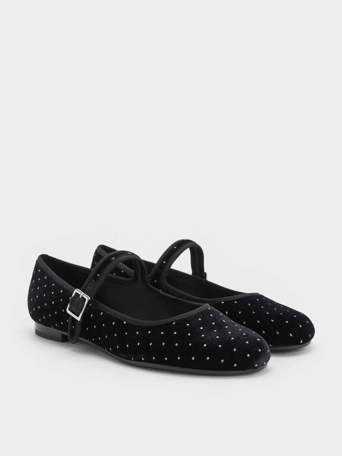 Velvet Dotted Buckled Mary Jane Flats, Black Textured, hi-res