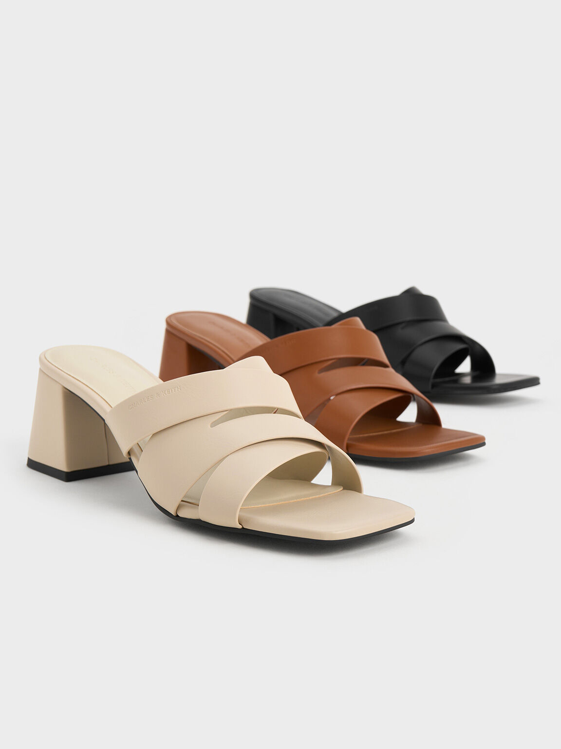 Crossover-Strap Square-Toe Block-Heel Mules, Cognac, hi-res