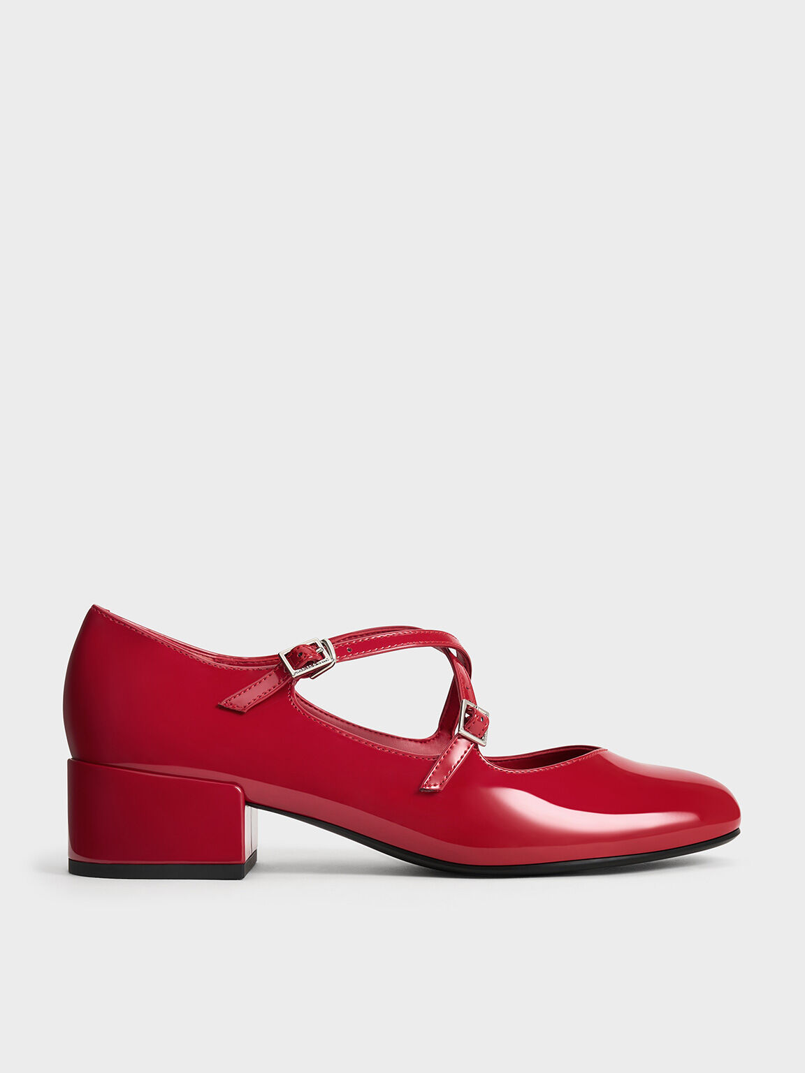 รองเท้าแมรี่เจนหนังแก้วเสริมส้นบล็อคดีไซน์สายคาดแบบไขว้, สีแดง, hi-res
