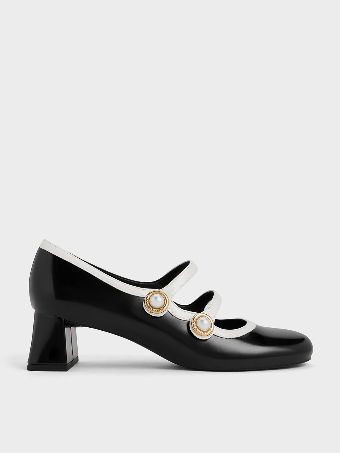 Pearl-Buckle Two-Tone Mary Jane Pumps, Black Boxed, hi-res