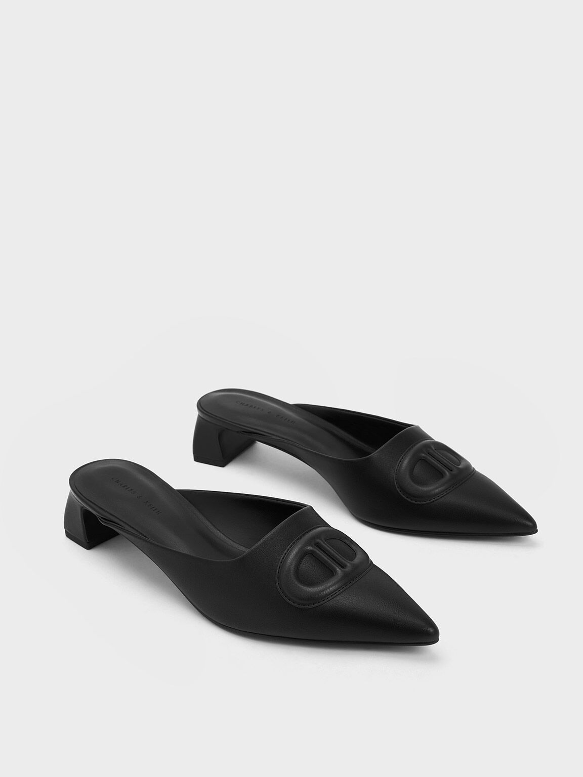Oval Stitch-Trim Pointed-Toe Mules, สีดำ, hi-res