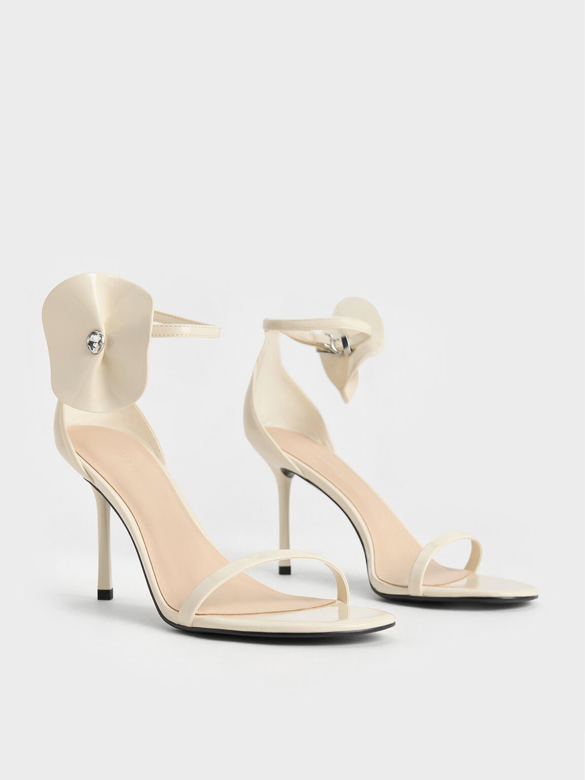 Patent Flower-Accent Stiletto-Heel Sandals, Chalk, hi-res