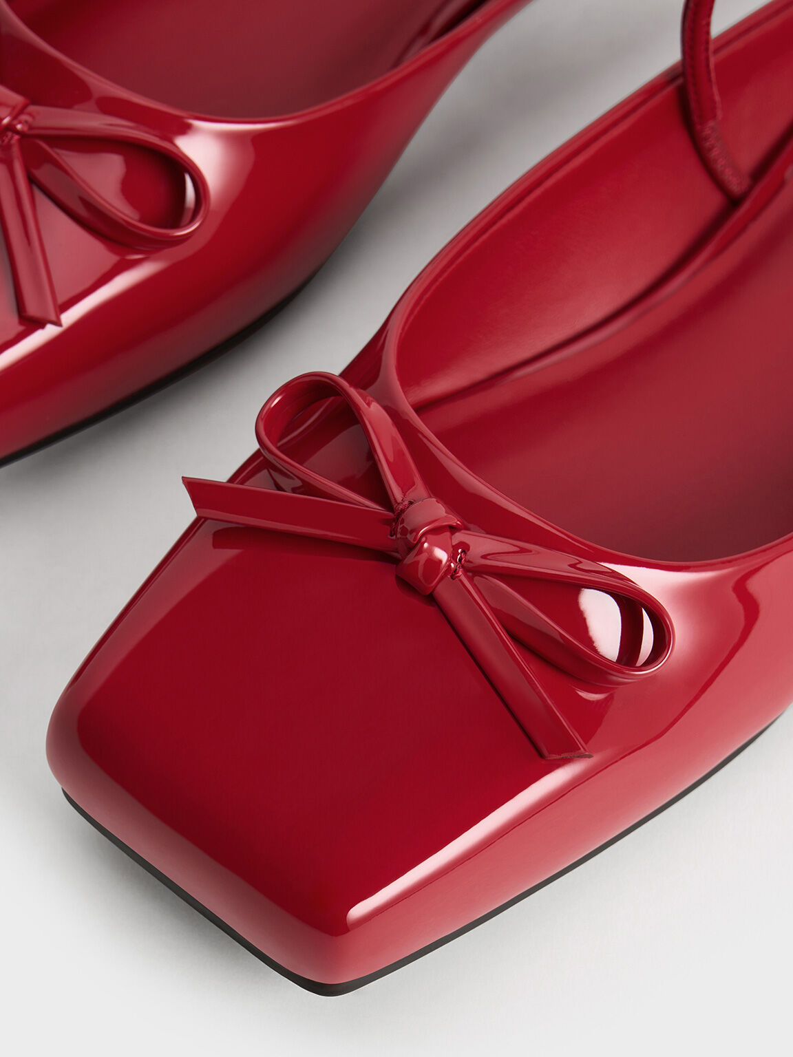 รองเท้าเปิดส้นบัลเล่ต์ดีไซน์หัวรองเท้าแบบเหลี่ยมตกแต่งโบว์, สีแดง, hi-res