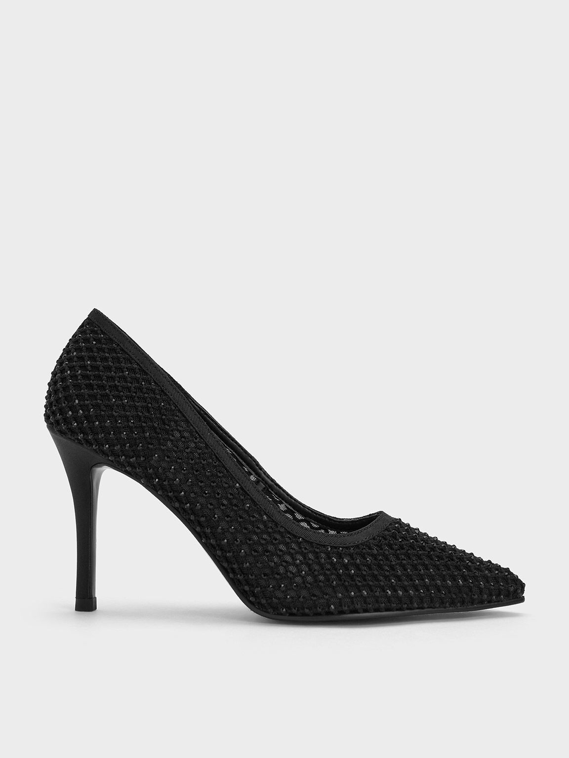 Black Textured Mesh Crystal-Embellished Pointed-Toe Pumps 