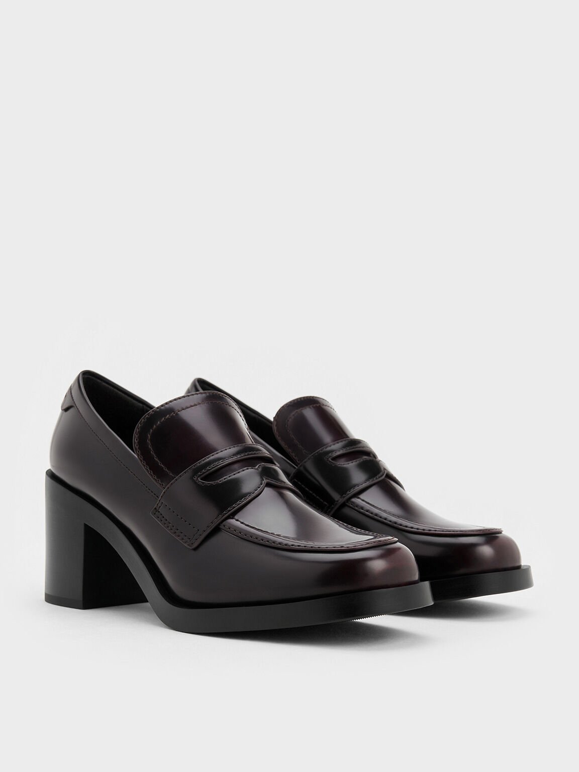 Penny Loafer Block-Heel Pumps, Burgundy, hi-res