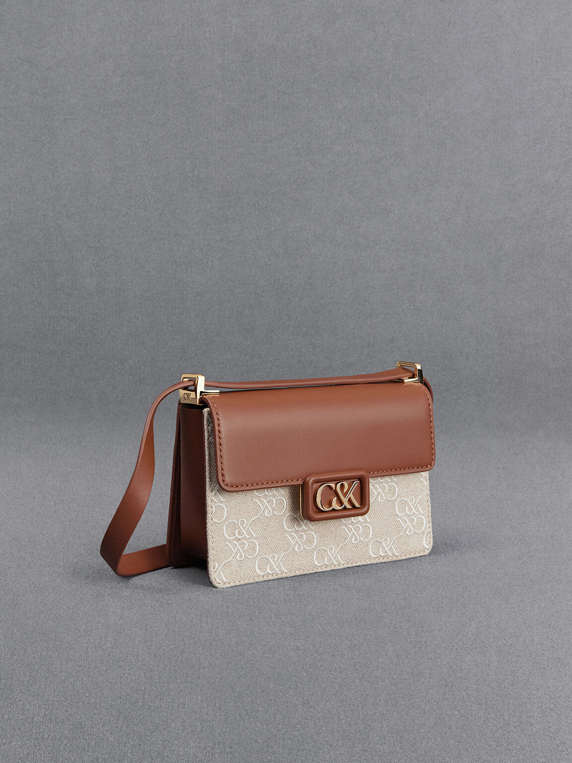 Leather & Canvas Two-Tone Boxy Bag, Cognac, hi-res