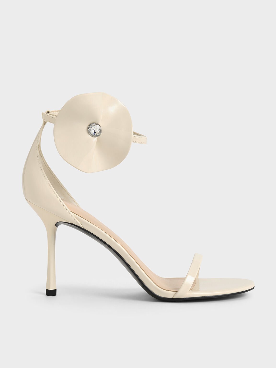 Patent Flower-Accent Stiletto-Heel Sandals, Chalk, hi-res