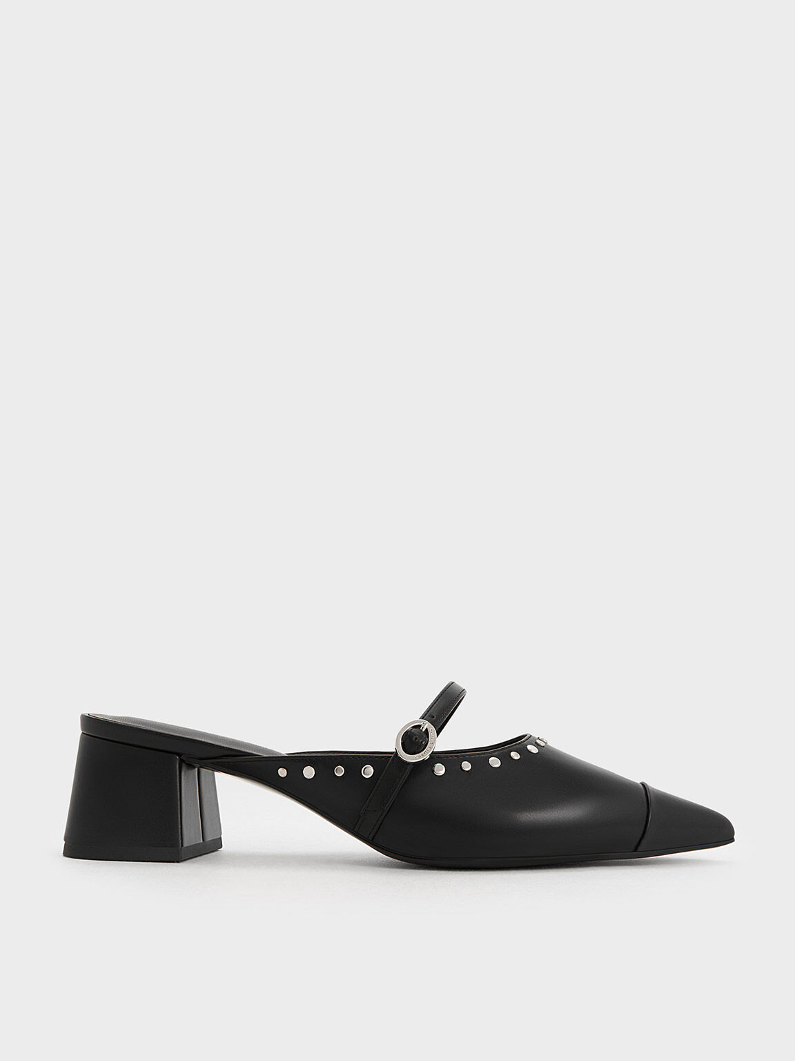 Studded Pointed-Toe Block Heel Mules, สีดำ, hi-res