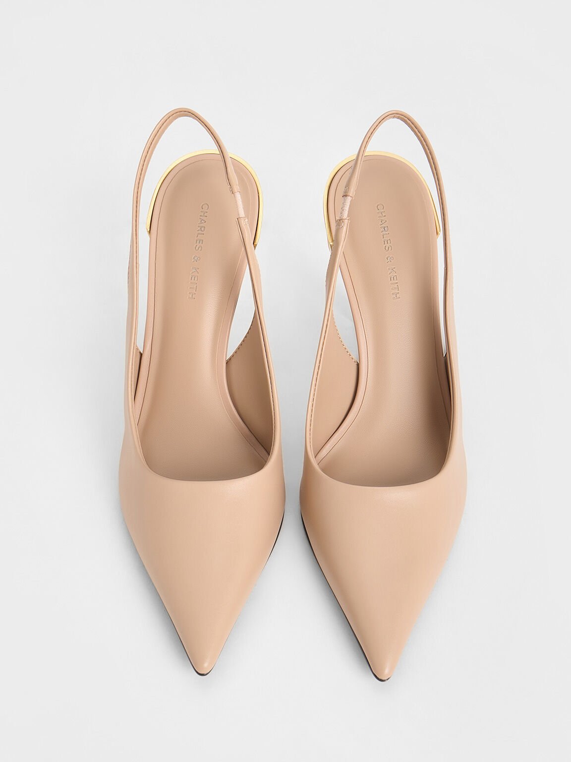 Metallic-Heel Pointed-Toe Slingback Pumps, Nude, hi-res