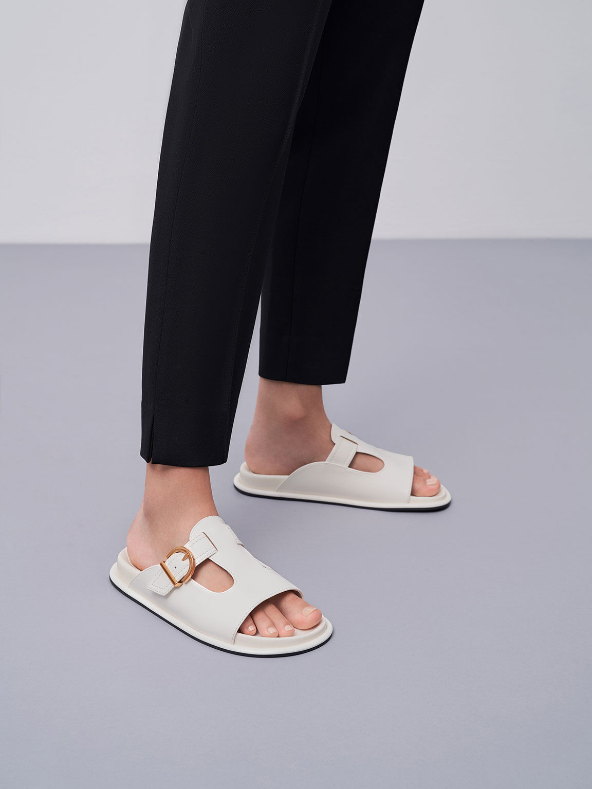 White Cut-Out Buckled Slides - CHARLES & KEITH TH