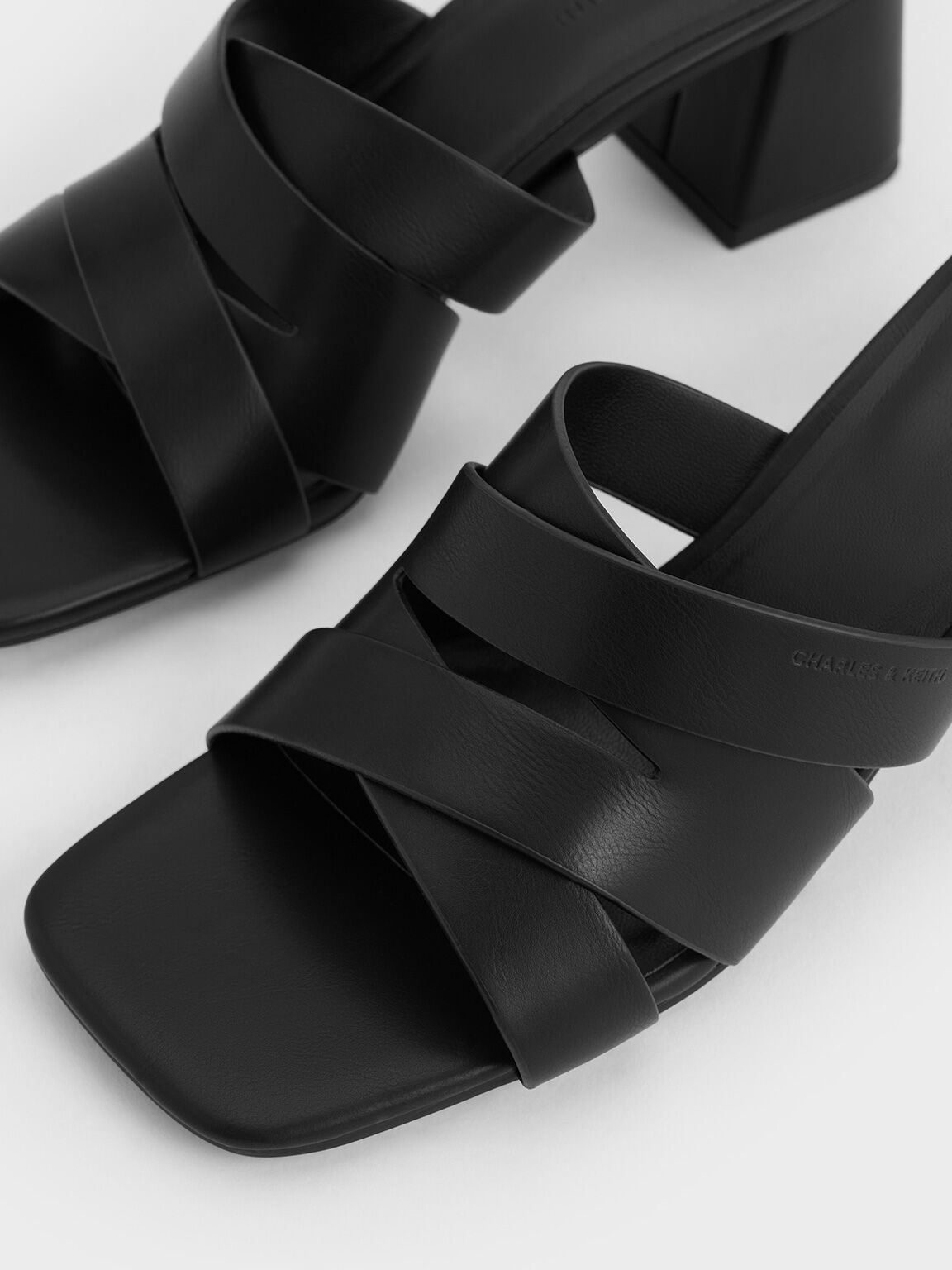 Crossover-Strap Square-Toe Block-Heel Mules, Black, hi-res