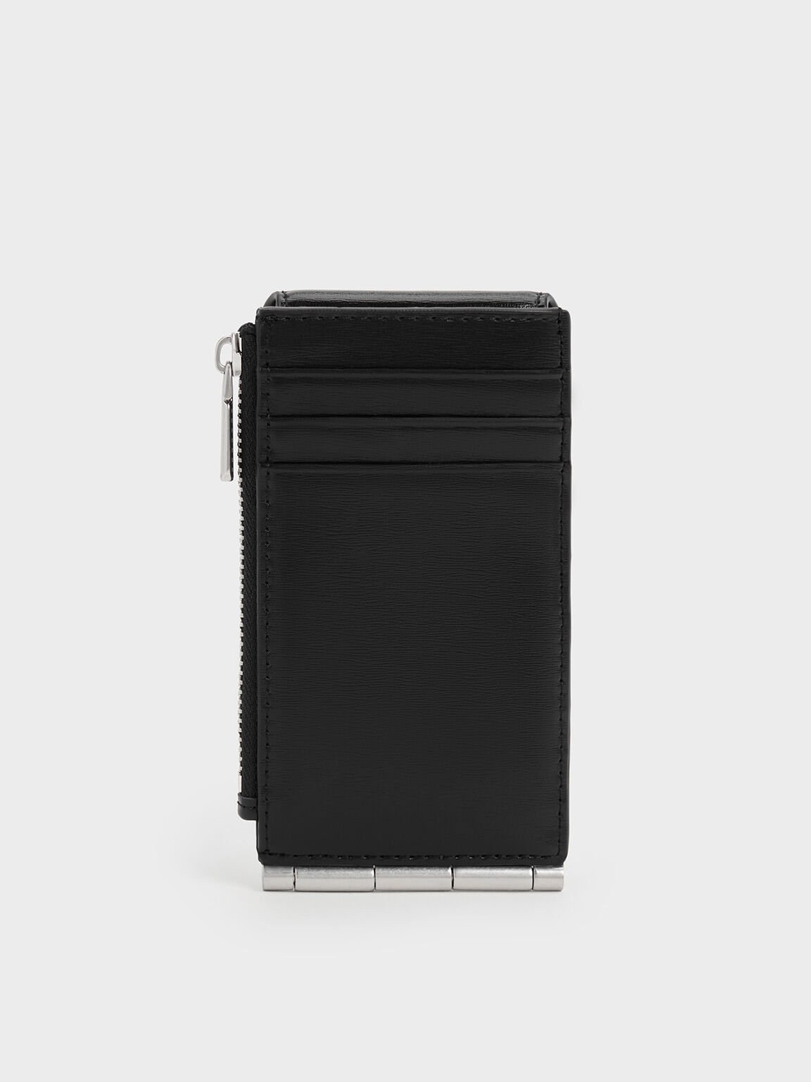 กระเป๋าใส่บัตรแบบพับสองทบดีไซน์ซิปด้านข้างรุ่น Calla, สีดำอะไหล่สีเงิน, hi-res