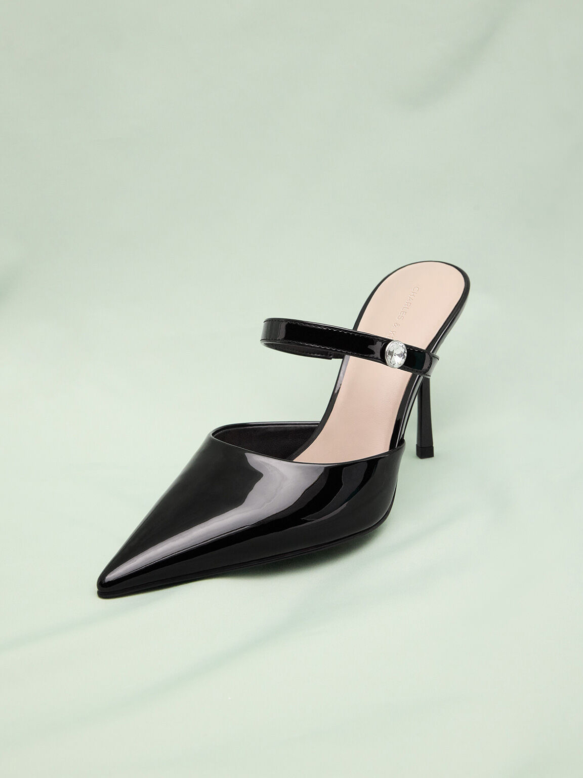 Patent Crystal-Accent Stiletto-Heel Mules, Black Patent, hi-res